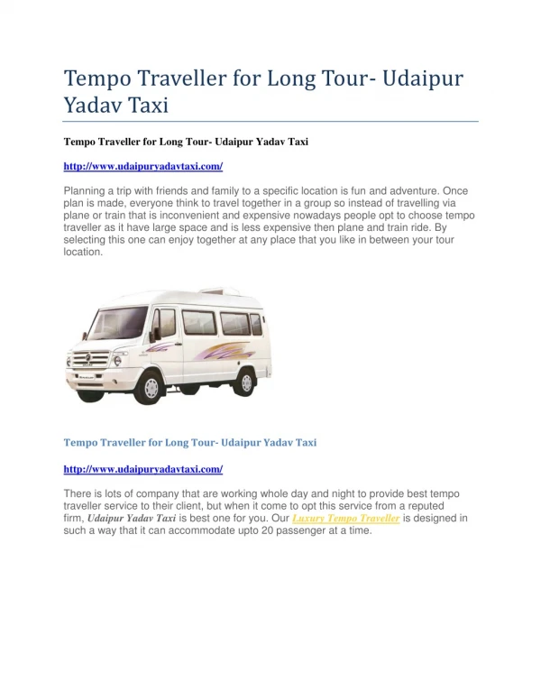 Tempo Traveller for Long Tour- Udaipur Yadav Taxi