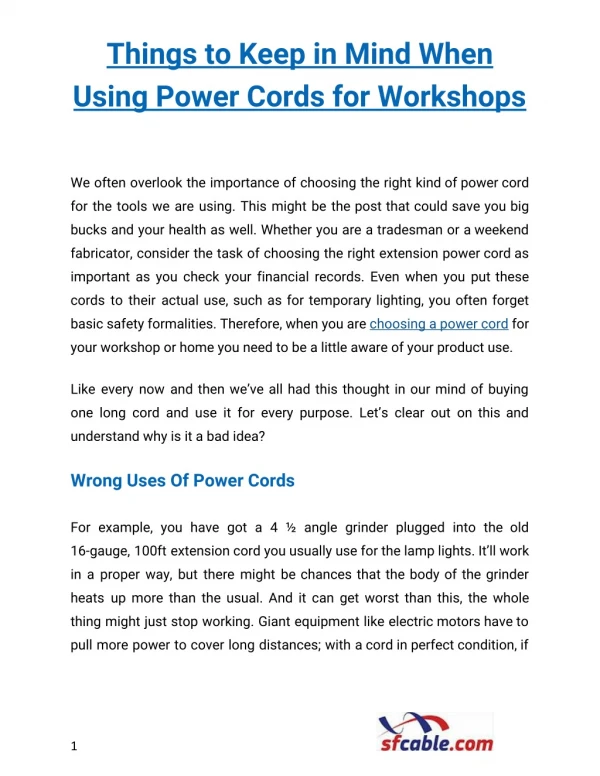 Things to Keep in Mind When Using Power Cords for Workshops