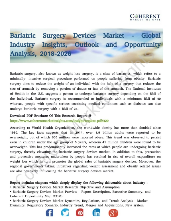 Bariatric Surgery Devices Market - Global Industry Insights, Outlook and Opportunity Analysis, 2018-2026