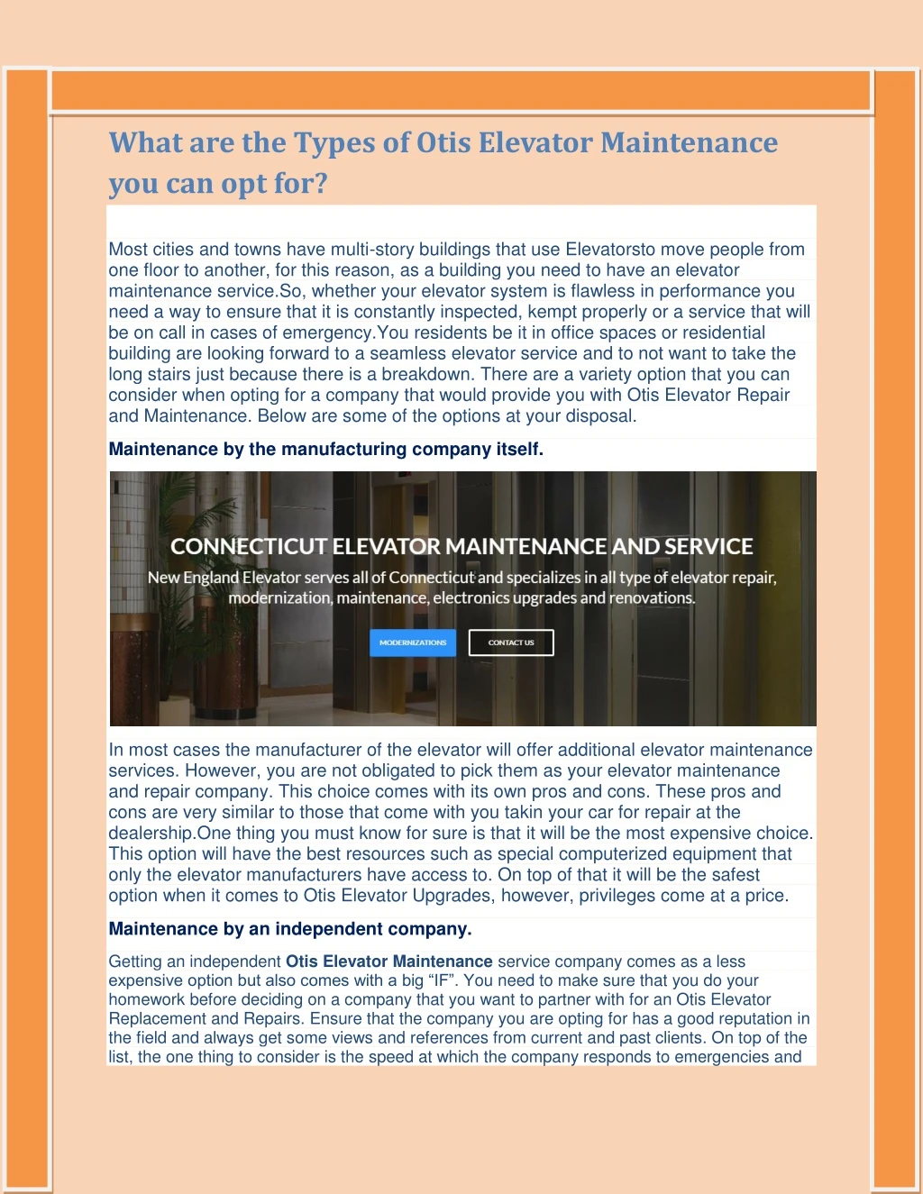 what are the types of otis elevator maintenance