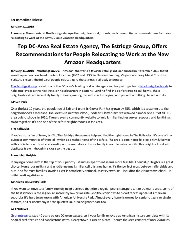 Top DC-Area Real Estate Agency, The Estridge Group, Offers Recommendations for People Relocating to Work at the New Amaz