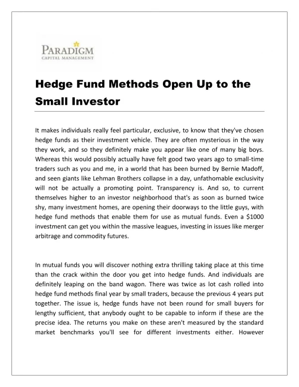 Hedge Fund Methods Open Up to the Small Investor