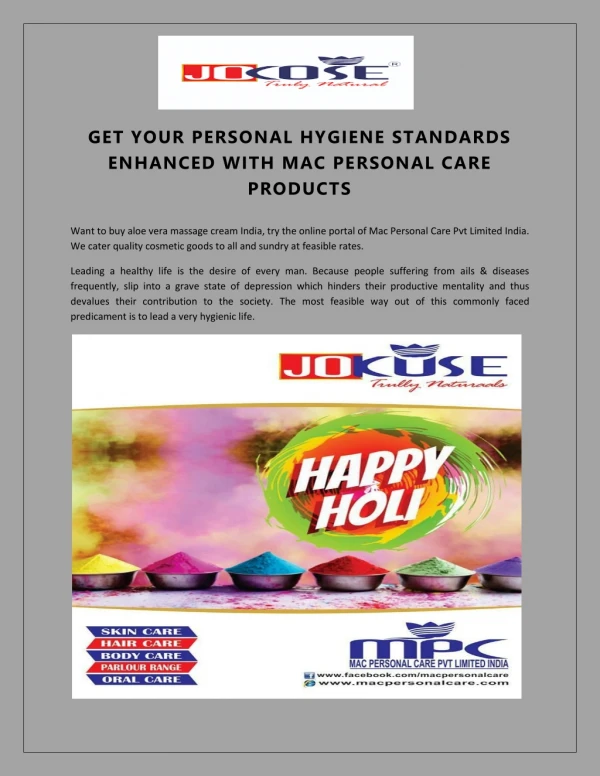GET YOUR PERSONAL HYGIENE STANDARDS ENHANCED WITH MAC PERSONAL CARE PR