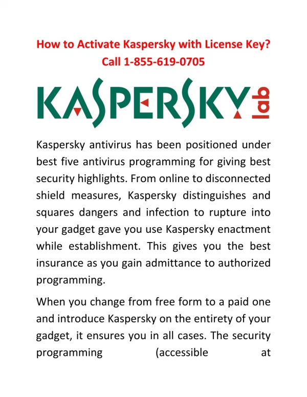 How to Activate Kaspersky with License Key? Call 1-855-619-0705