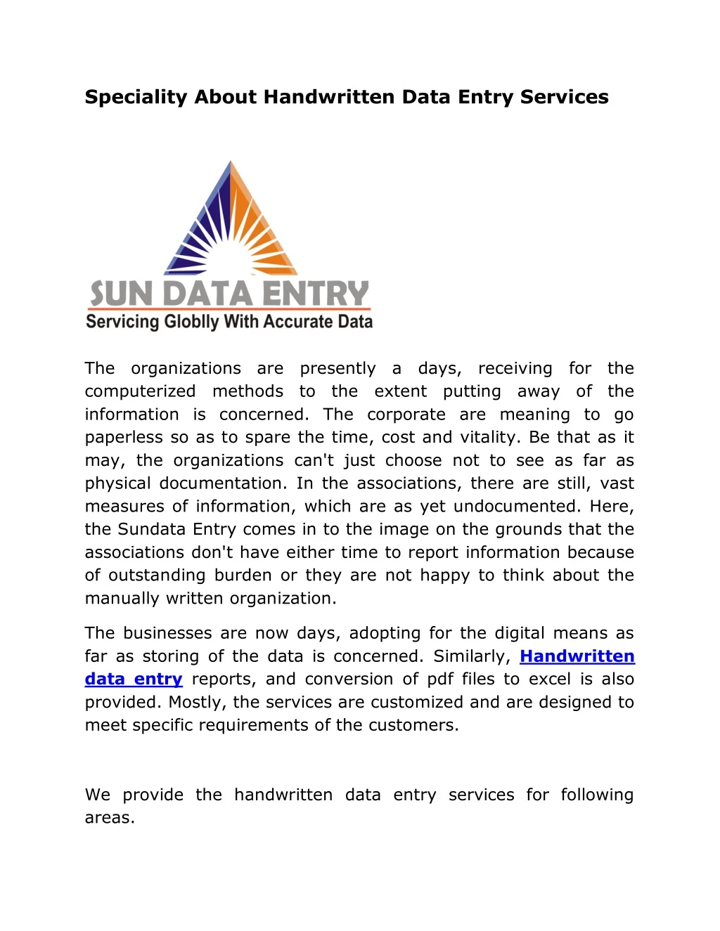speciality about handwritten data entry services