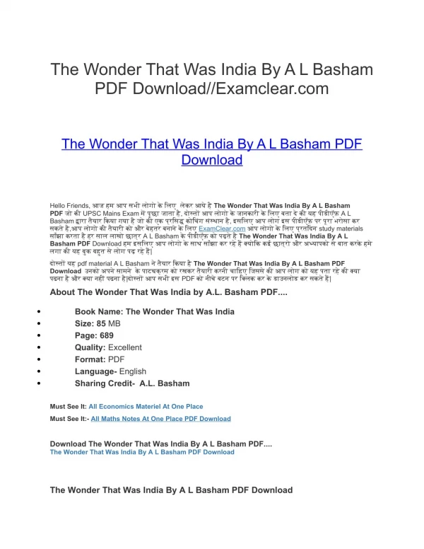 The Wonder That Was India By A L Basham PDF Download