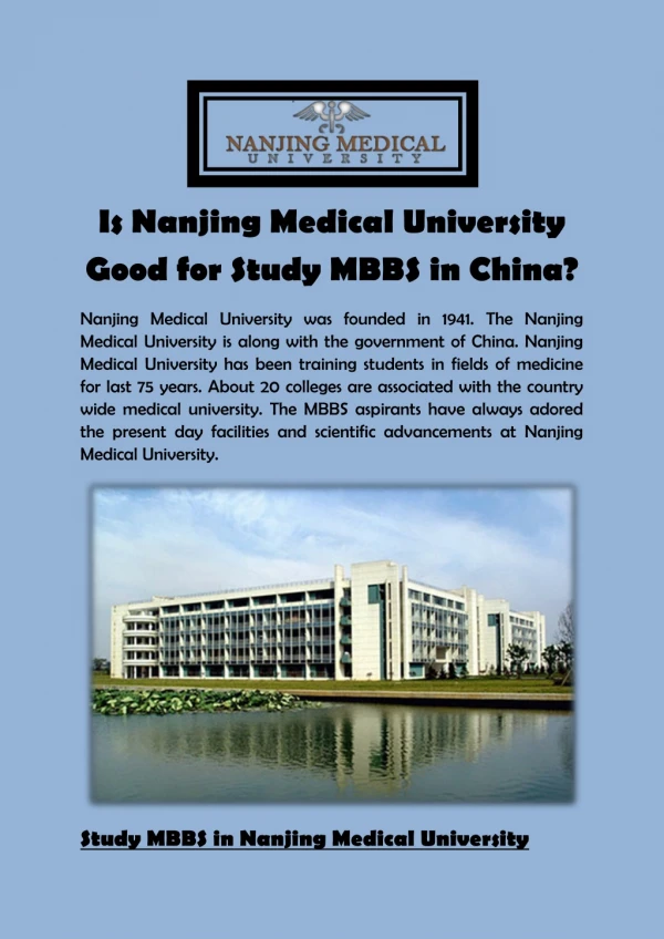 Is Nanjing Medical University Good for Study MBBS in China?