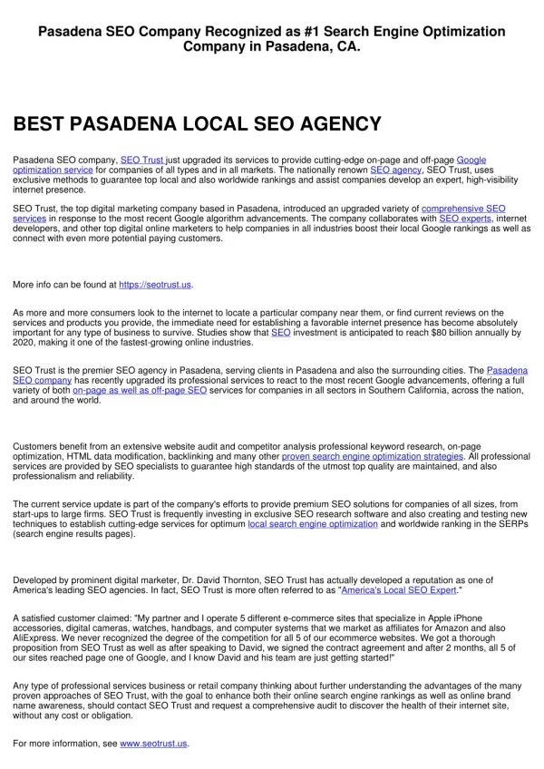 Pasadena Search Engine Optimization Agency Recognized as #1 SEO Company in Pasadena, CA.