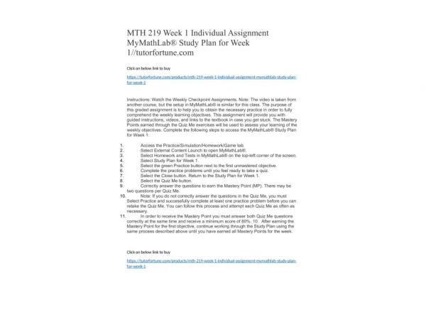 MTH 219 Week 1 Individual Assignment MyMathLab® Study Plan for Week 1//tutorfortune.com