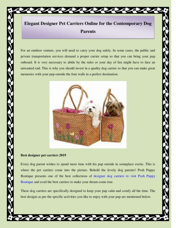 Elegant Designer Pet Carriers Online for the Contemporary Dog Parents