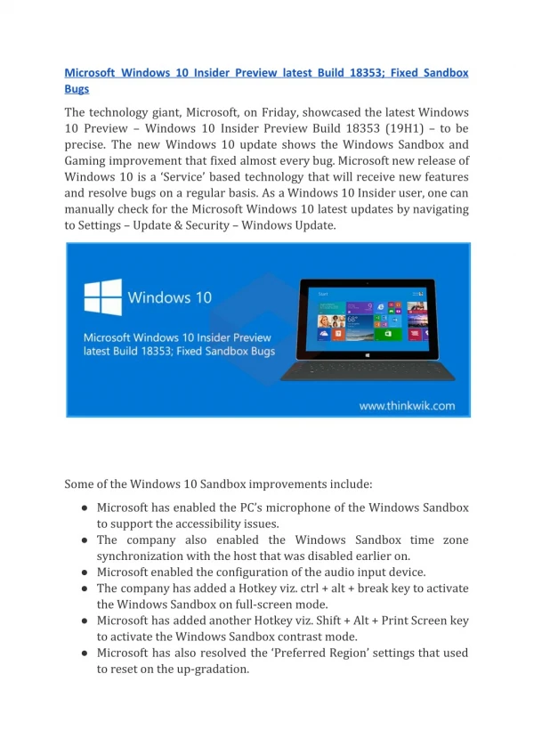 Microsoft Windows 10 Insider Preview latest Build 18353; Fixed Sandbox Bugs