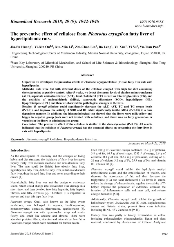 The preventive effect of cellulose from Pleurotus eryngii on fatty liver of hyperlipidemic rats.