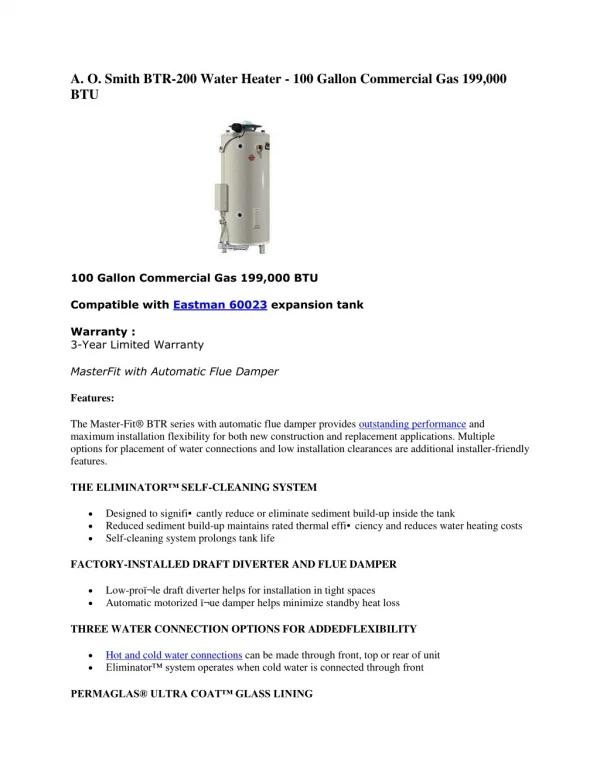 A. O. Smith BTR-200 Water Heater - 100 Gallon Commercial Gas 199,000 BTU