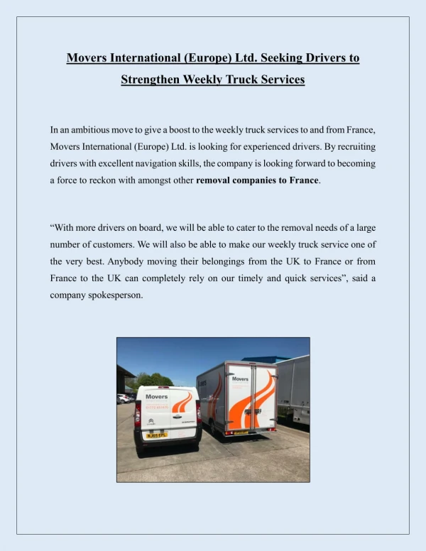 Movers International (Europe) Ltd. Seeking Drivers to Strengthen Weekly Truck Services