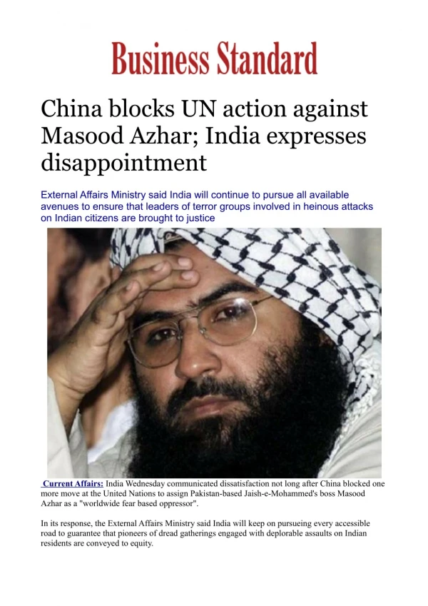 China blocks UN action against Masood Azhar; India expresses disappointment