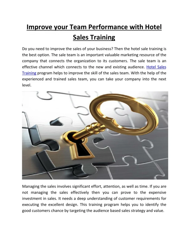 Improve your Team Performance with Hotel Sales Training