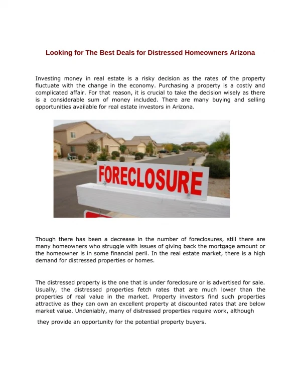 Looking for The Best Deals for Distressed Homeowners Arizona