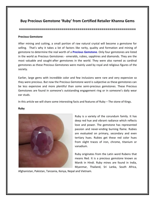 Buy Precious Gemstone ‘Ruby’ from Certified Retailer Khanna Gems