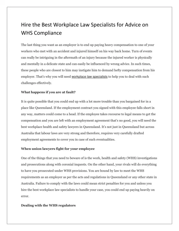 Hire the Best Workplace Law Specialists for Advice on WHS Compliance