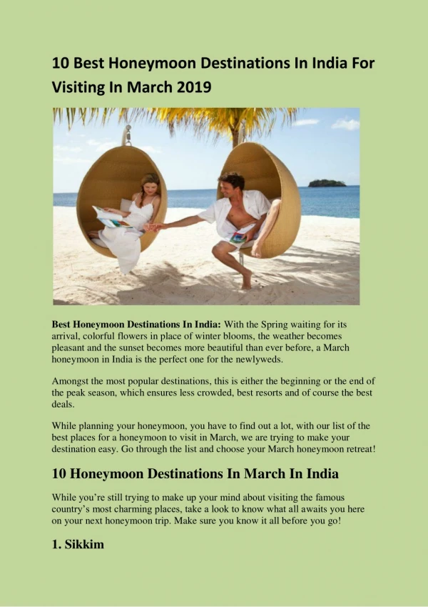 10 Best Honeymoon Destinations In India For Visiting In March 2019