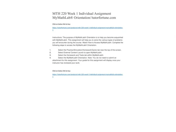MTH 220 Week 1 Individual Assignment MyMathLab® Orientation//tutorfortune.com