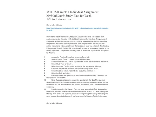 MTH 220 Week 1 Individual Assignment MyMathLab® Study Plan for Week 1//tutorfortune.com