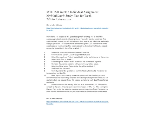 MTH 220 Week 2 Individual Assignment MyMathLab® Study Plan for Week 2//tutorfortune.com