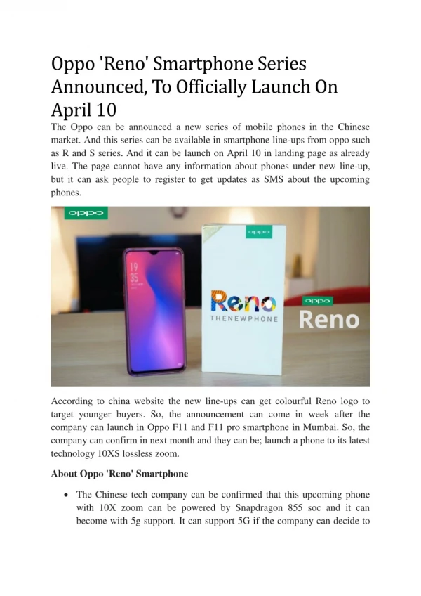 Oppo 'Reno' Smartphone Series Announced, To Officially Launch On April 10
