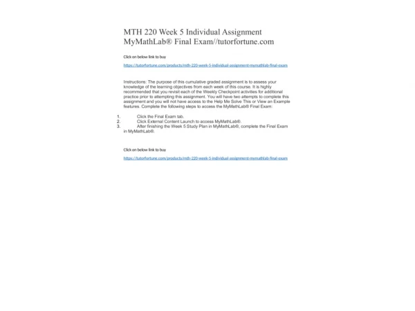 MTH 220 Week 5 Individual Assignment MyMathLab® Final Exam//tutorfortune.com