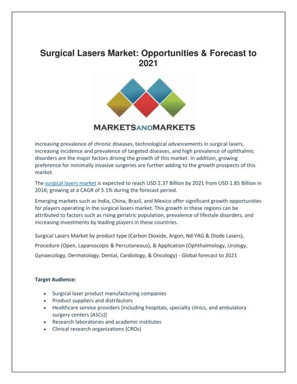Surgical Lasers Market: Opportunities & Forecast to 2021