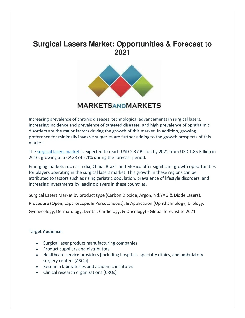 surgical lasers market opportunities forecast