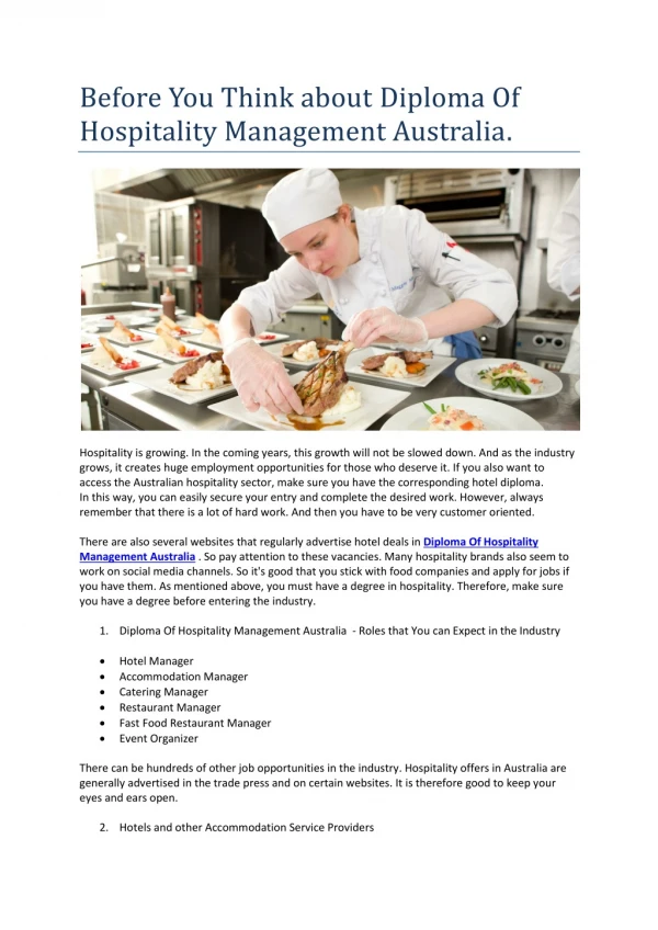 diploma of hospitality management Australia