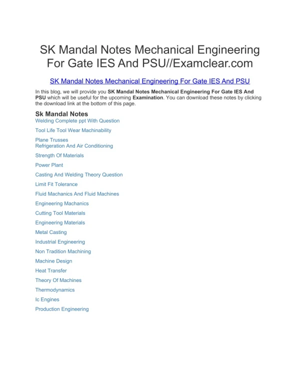 SK Mandal Notes Mechanical Engineering For Gate IES And PSU