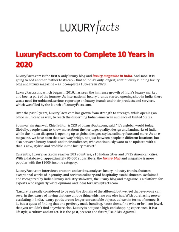 LuxuryFacts.com to Complete 10 Years in 2020