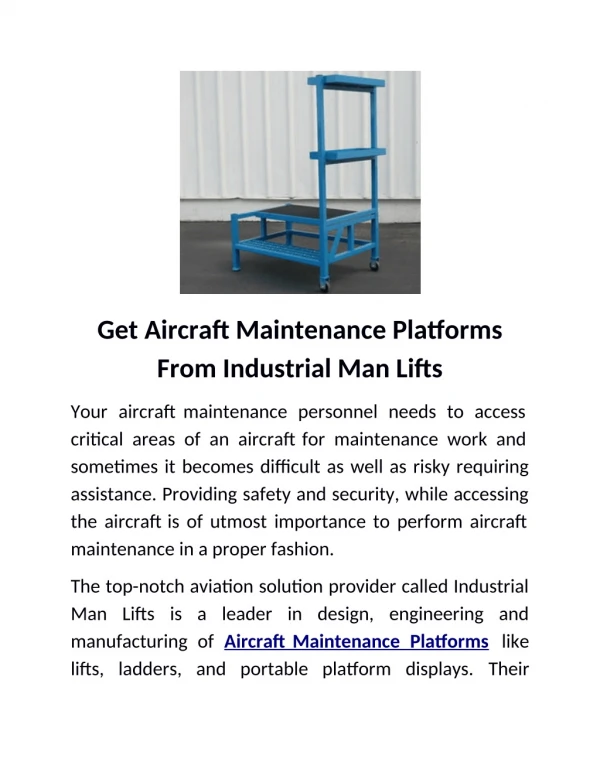 Get Aircraft Maintenance Platforms From Industrial Man Lifts