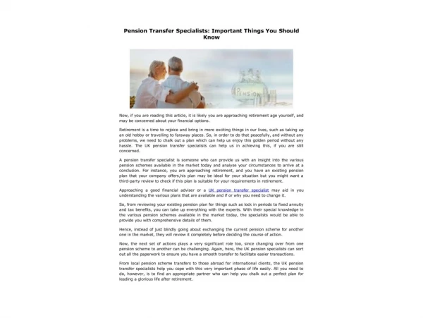 Pension Transfer Specialists: Important Things You Should Know