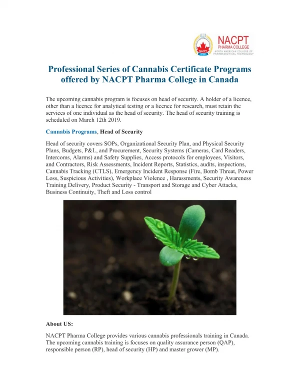 Professional Series of Cannabis Certificate Programs offered by NACPT Pharma College in Canada