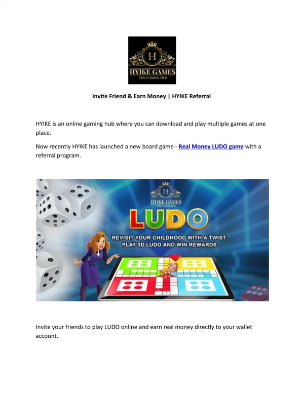 Play LUDO, Invite Friend & Earn Money | HYIKE Referral