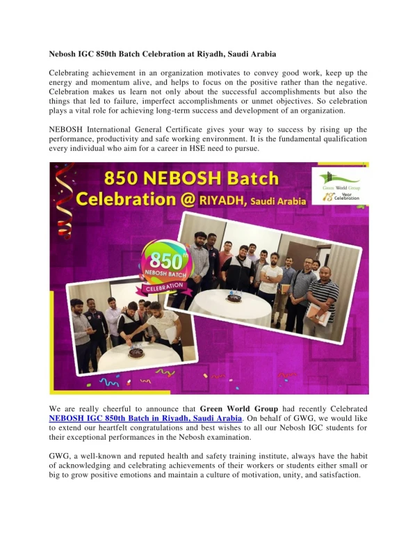 Nebosh IGC 850th Batch Celebration at Riyadh, Saudi Arabia
