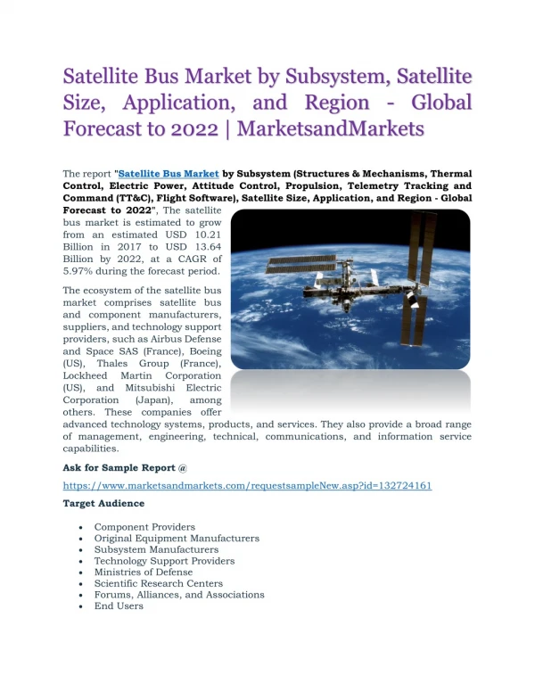 Satellite Bus Market by Subsystem, Satellite Size, Application, and Region - Global Forecast to 2022 | MarketsandMarkets