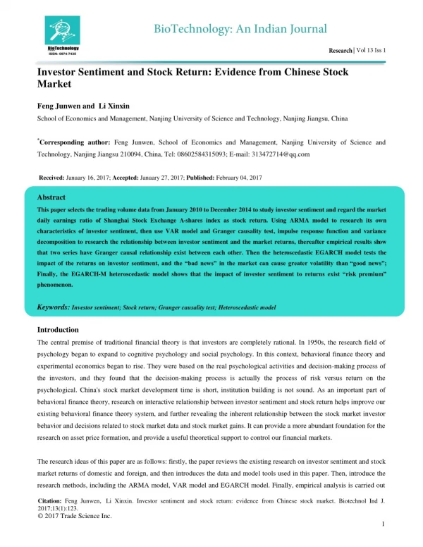 Investor Sentiment and Stock Return: Evidence from Chinese Stock Market