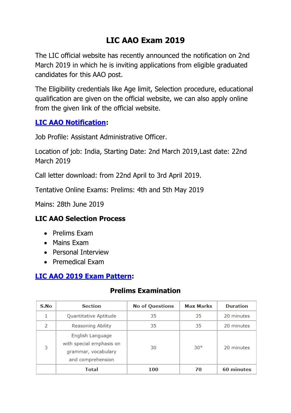lic aao exam 2019