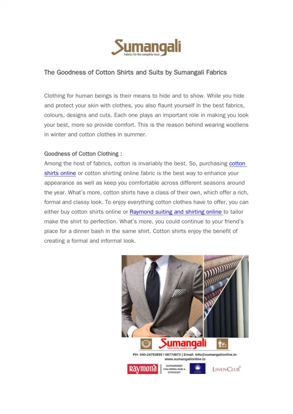 The Goodness of Cotton Shirts and Suits by Sumangali Fabrics