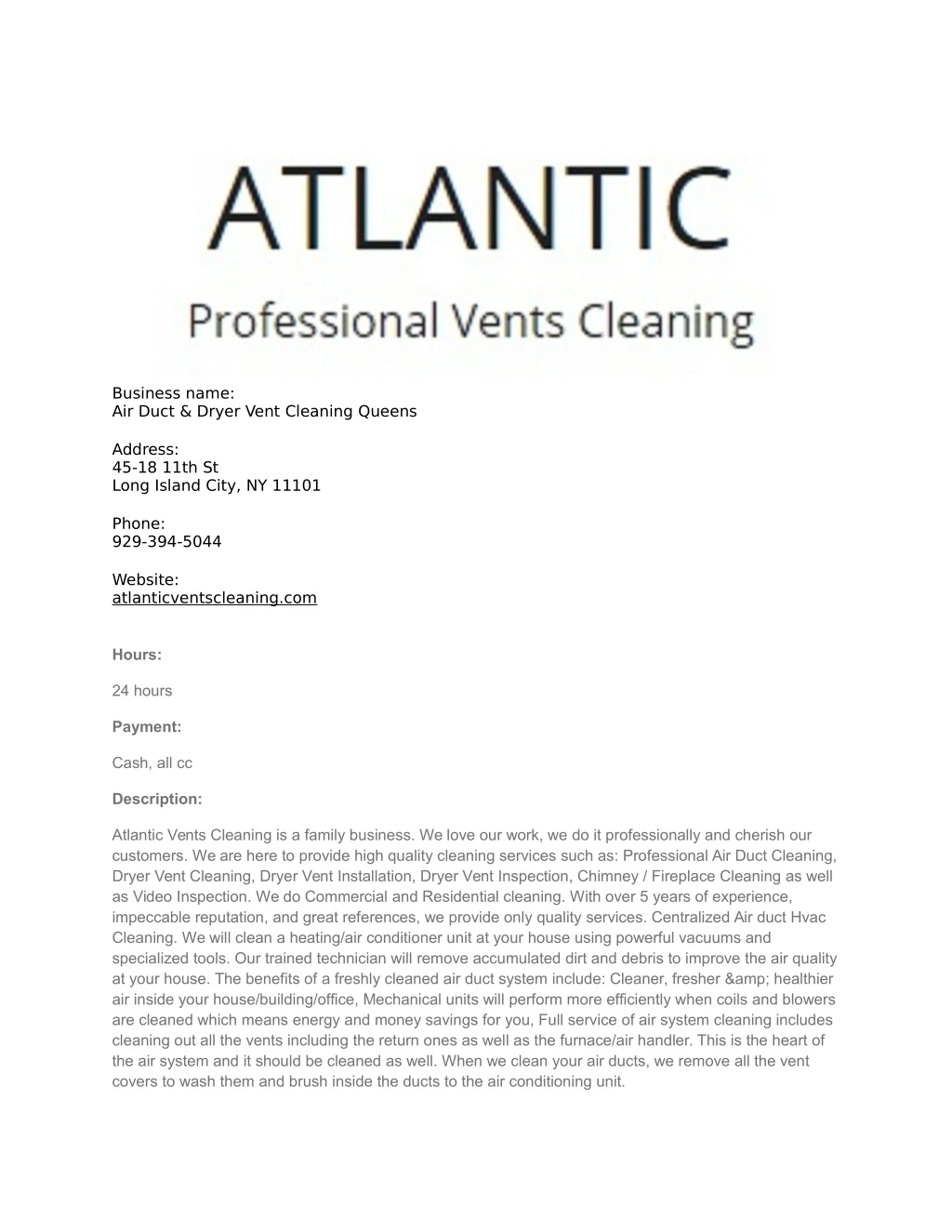 business name air duct dryer vent cleaning queens