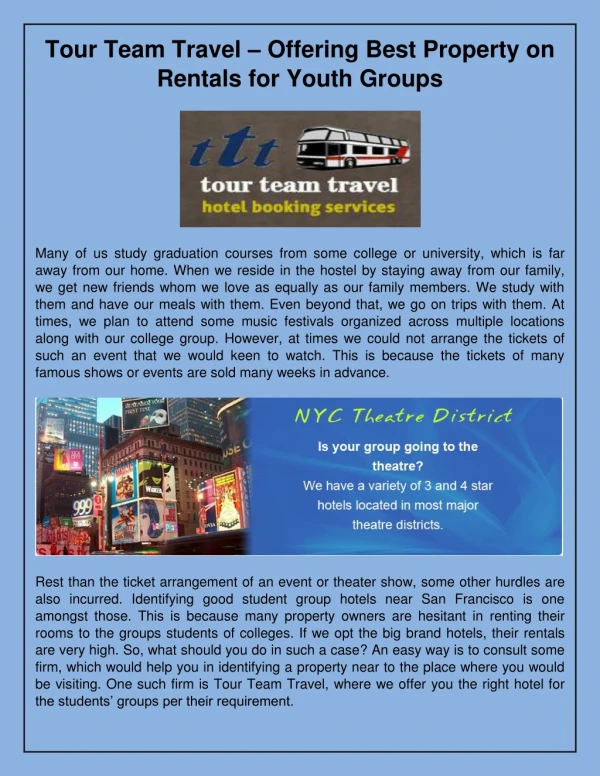 Tour Team Travel – Offering Best Property on Rentals for Youth Groups
