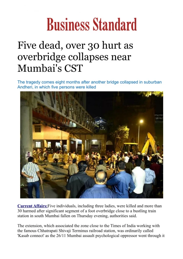 Five dead, over 30 hurt as overbridge collapses near Mumbai's CST