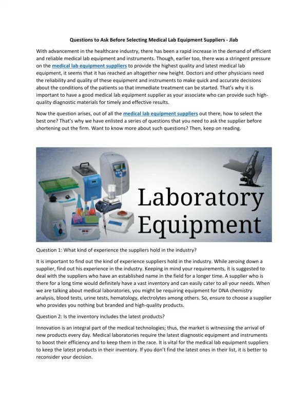 Questions to Ask Before Selecting Medical Lab Equipment Suppliers - Jlab