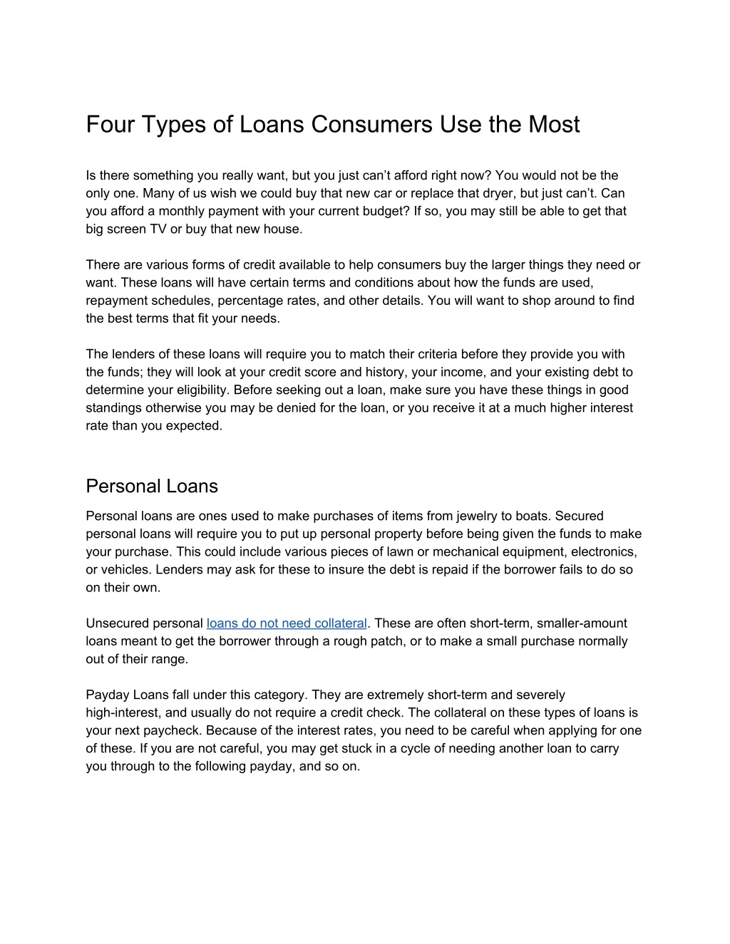 four types of loans consumers use the most