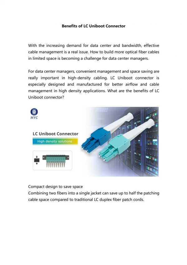 Benefits of LC Uniboot Connector - HYC Co., Ltd