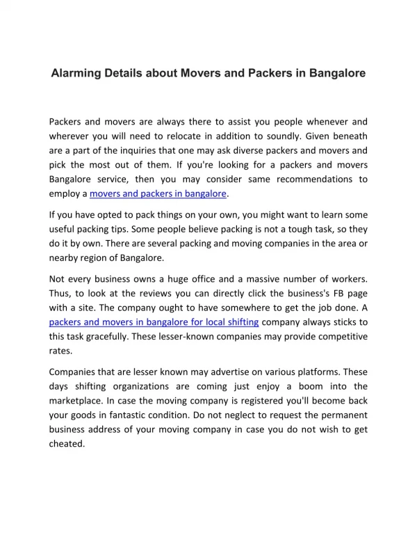 Alarming Details about Movers and Packers in Bangalore